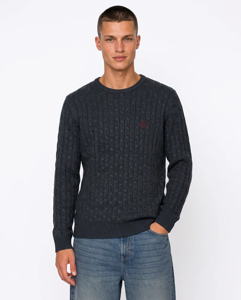 Maglia girocollo a trecce con ricamo - Blu