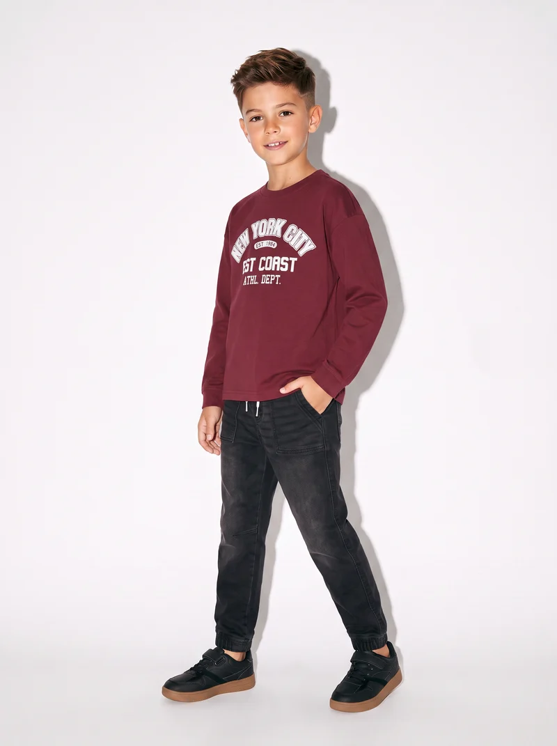 T-shirt manica lunga girocollo in cotone - Bordeaux