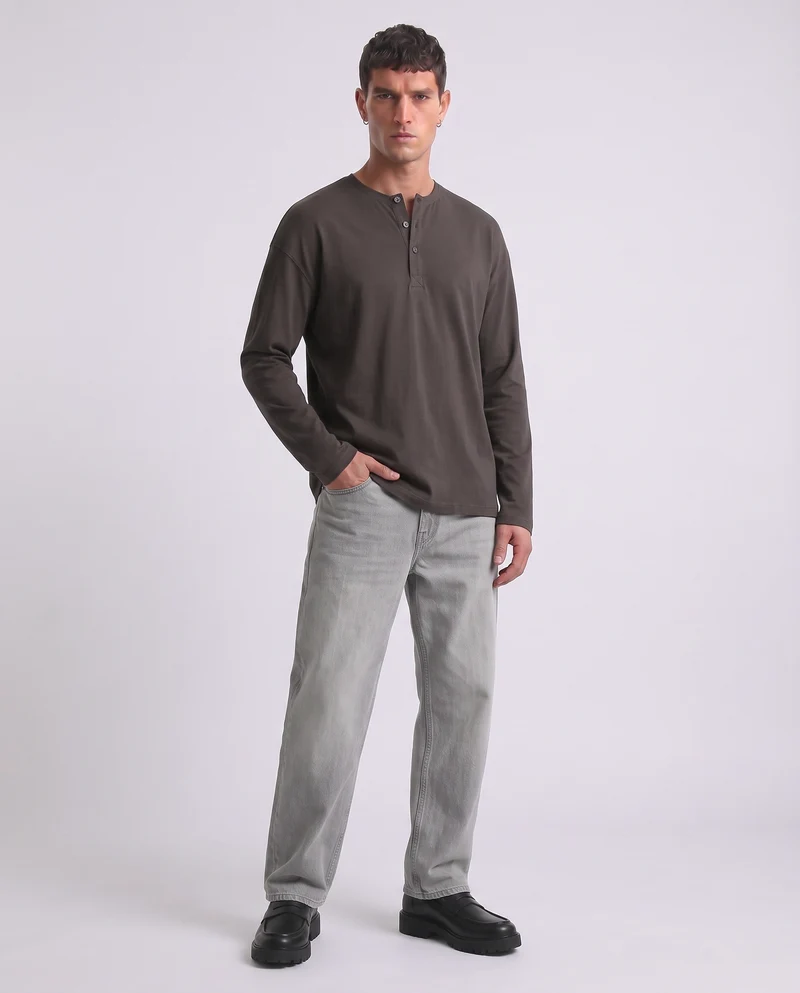 T-shirt Serafino a costine con maniche lunghe - Moro