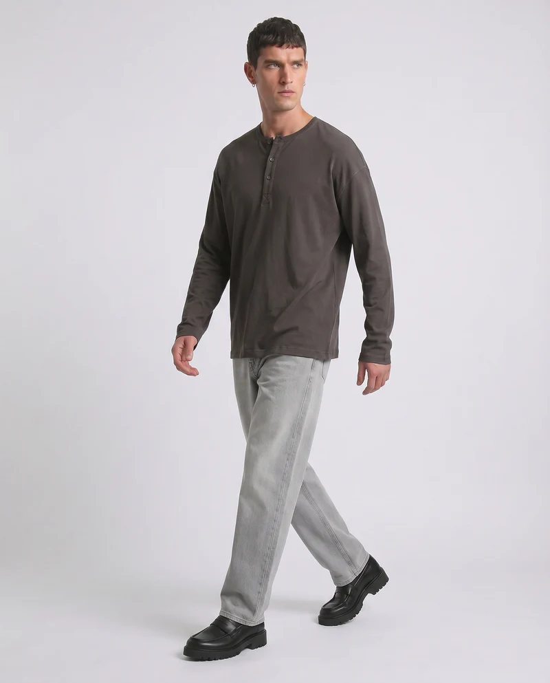 T-shirt Serafino a costine con maniche lunghe - Moro