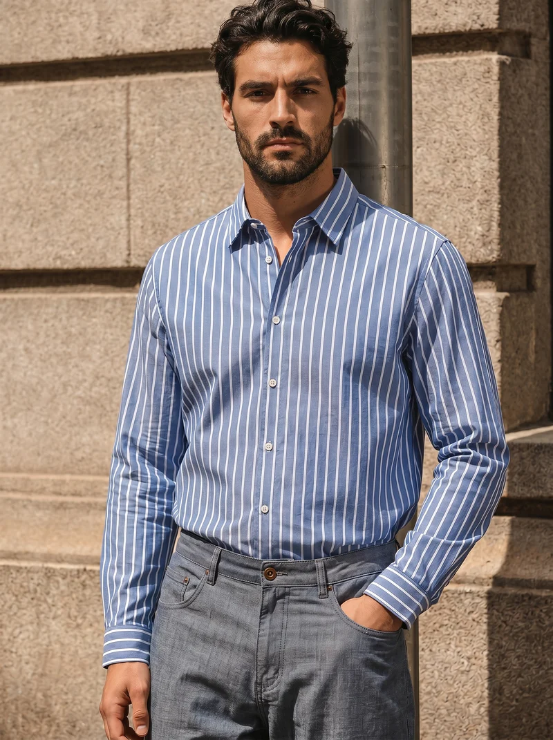 Camicia a righe regular fit in cotone - Celeste
