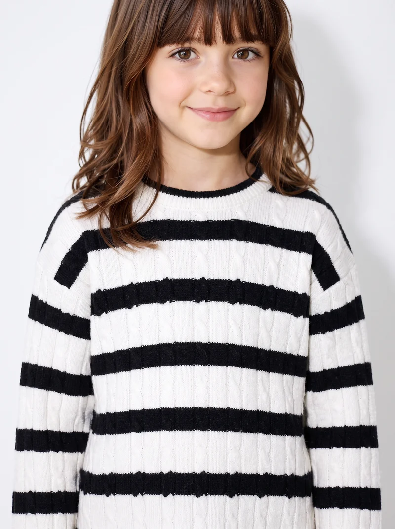 Maglione a righe con trecce verticali - Bianco-nero