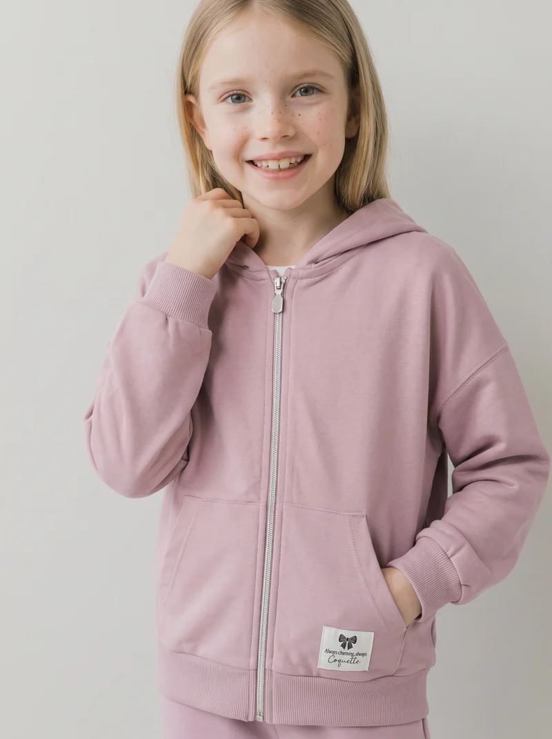 Felpa in french terry con zip e cappuccio - Rosa polvere