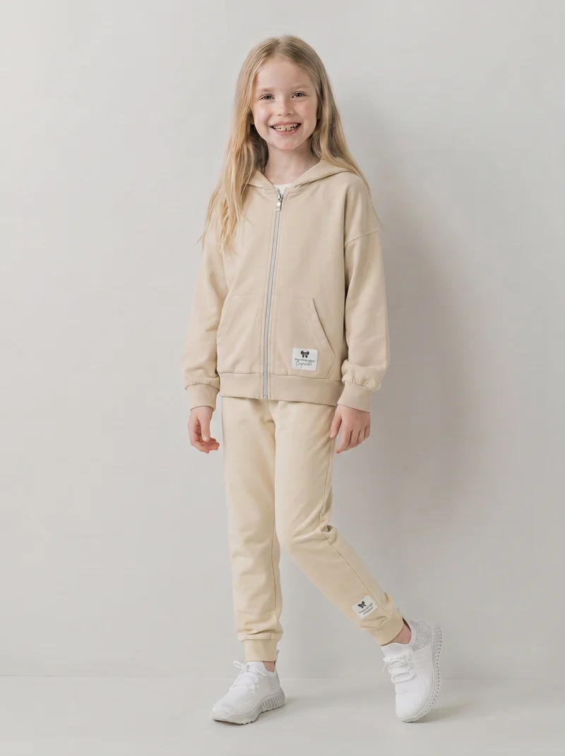 Felpa in french terry con zip e cappuccio - Beige