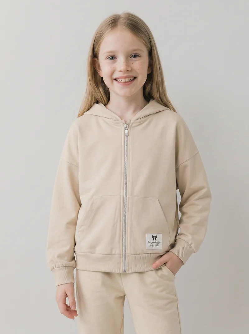 Felpa in french terry con zip e cappuccio - Beige