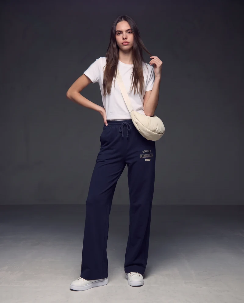 Pantaloni tuta dritti con coulisse e stampa - Blu