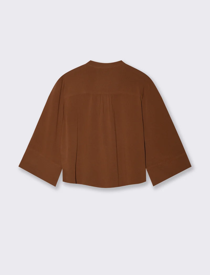 Camicia scollo a V con collo coreano - Marrone tabacco