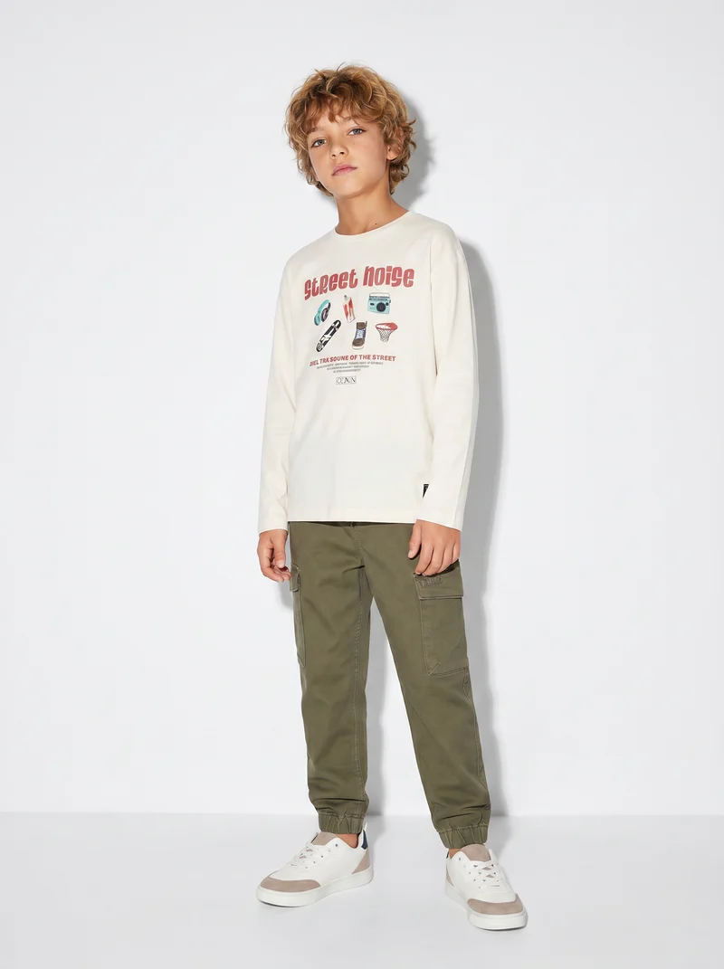 T-shirt in cotone e jersey con stampa - Bianco latte