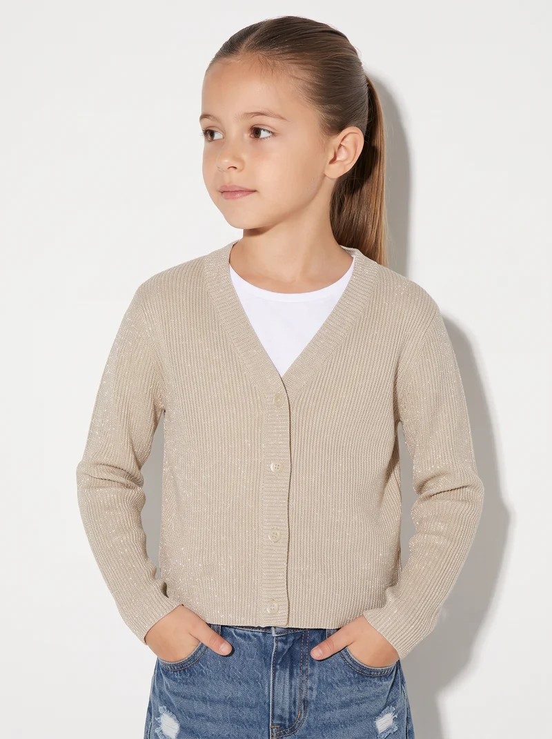 Cardigan metallizzato da bambina scollo V - Beige
