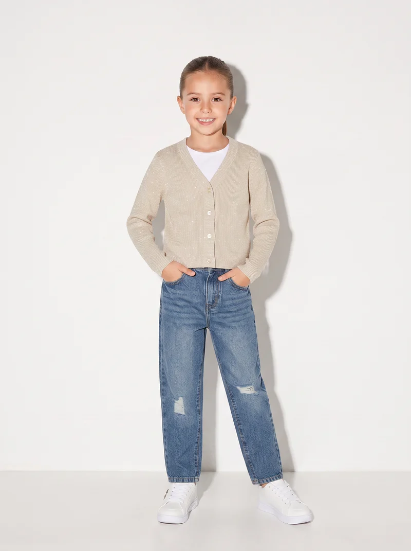 Cardigan metallizzato da bambina scollo V - Beige
