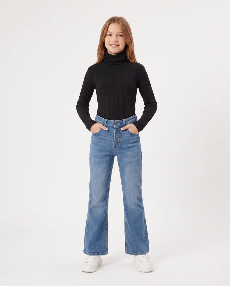 Maglia collo alto per bambina in costina - Nero
