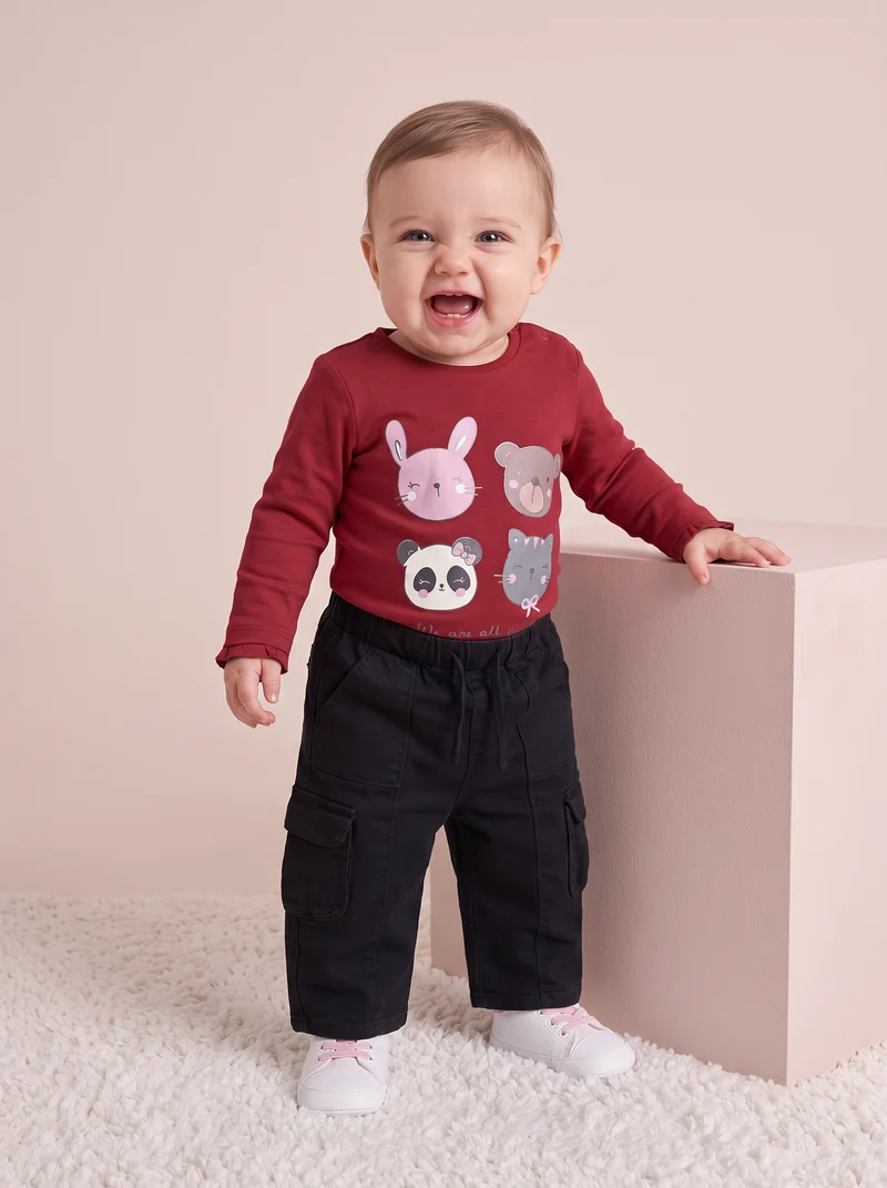 T-shirt a manica lunga con stampa e balza - Bordeaux