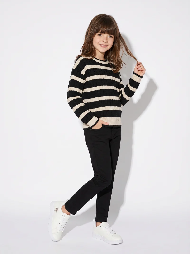 Maglione a righe con trecce verticali - Beige-nero