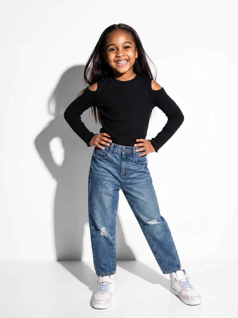 T-shirt manica lunga costina bambina - Nero