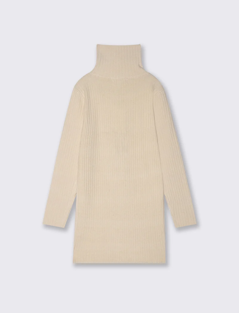 Abito in costina con collo alto e bottoni - Beige