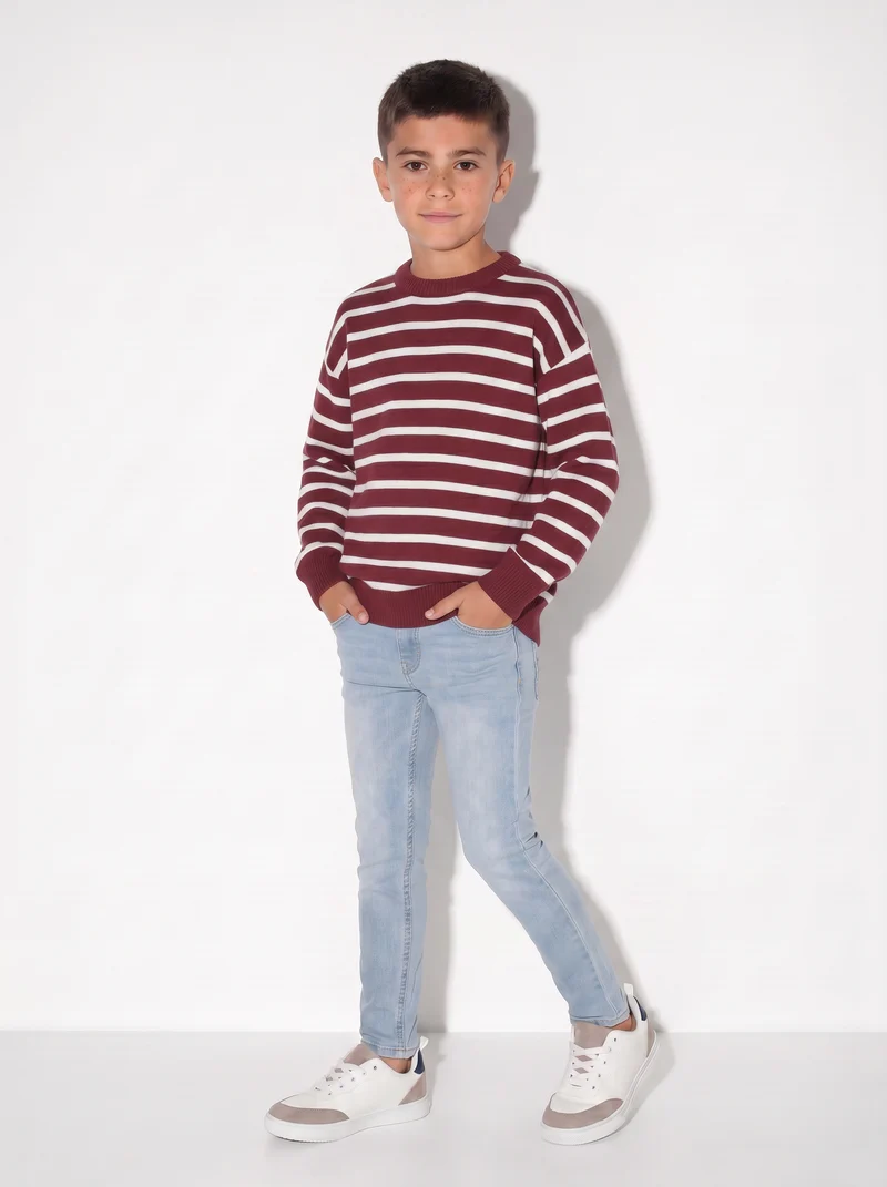 Maglia tricot rigata girocollo e maniche - Bordeaux