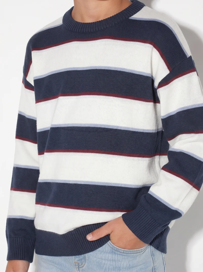 Maglia tricot rigata girocollo e maniche - Blu