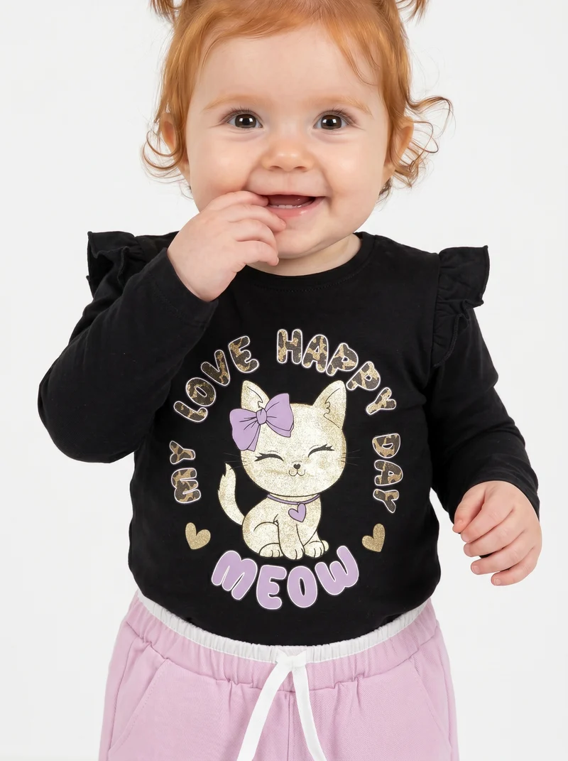 T-shirt a manica lunga con volant e stampa - Nero