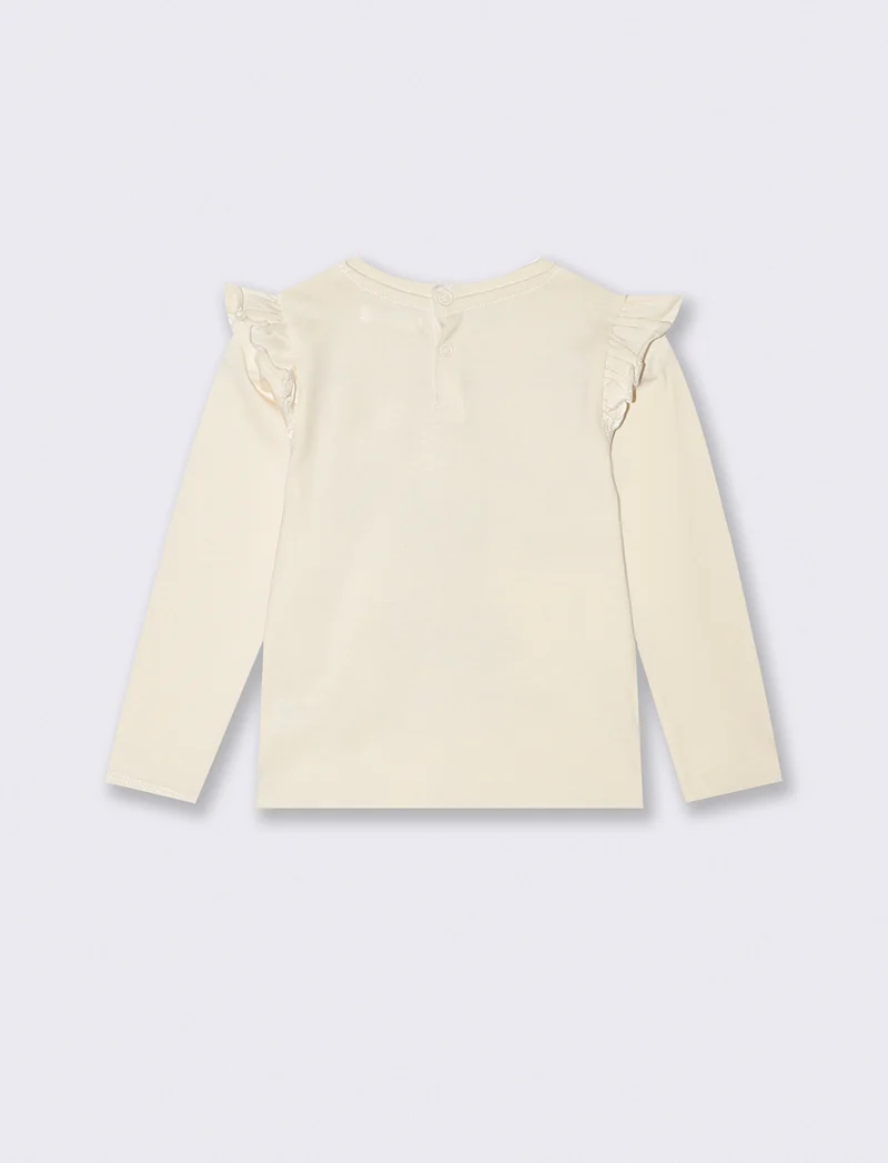 T-shirt a manica lunga con volant e stampa - Beige