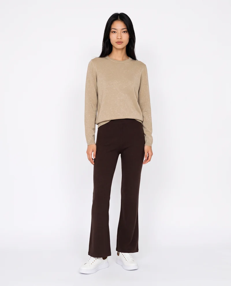 Maglia manica lunga lurex con collo paricollo - Beige