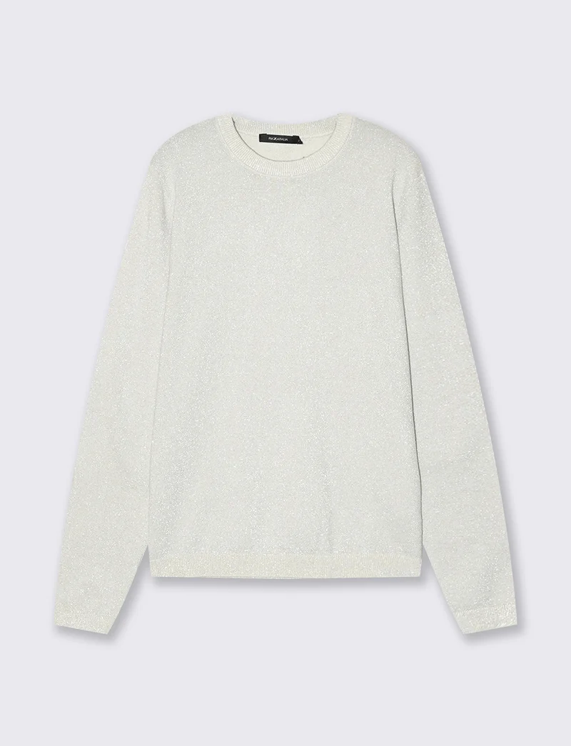 Maglia manica lunga lurex con collo paricollo - Avorio