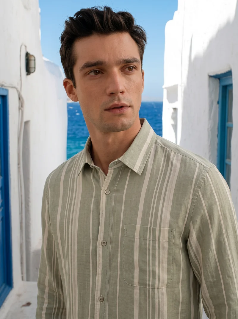 Camicia a righe regular fit in lino cotone - Verde