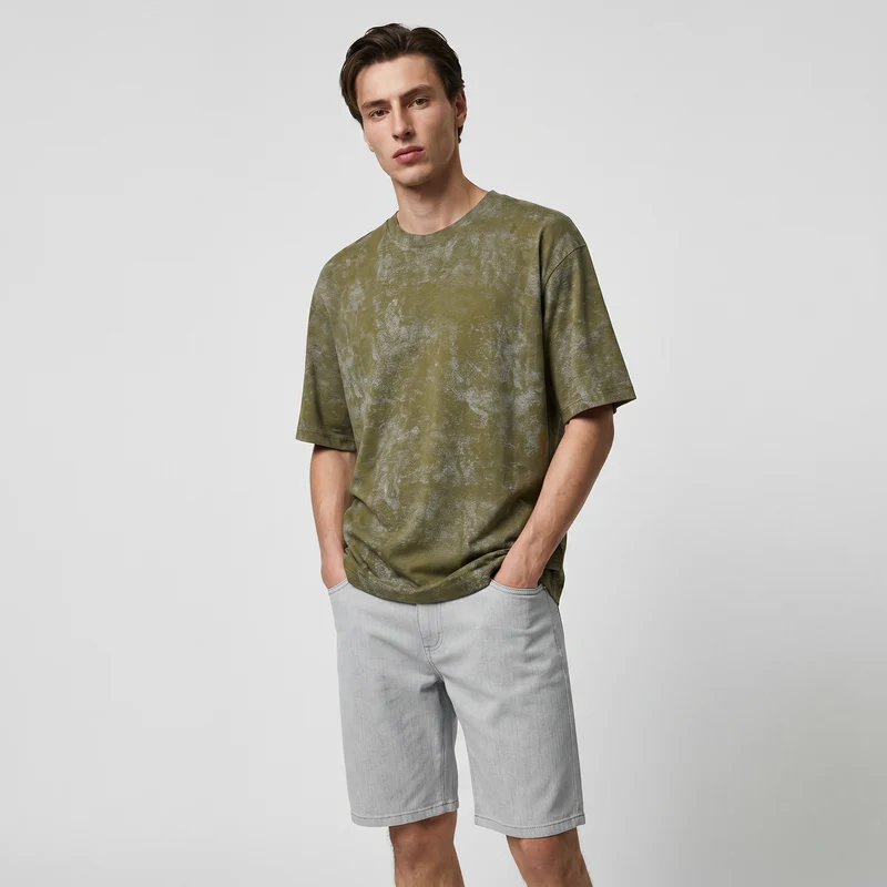 T-shirt cotone con stampa astratta all over - Verde oliva