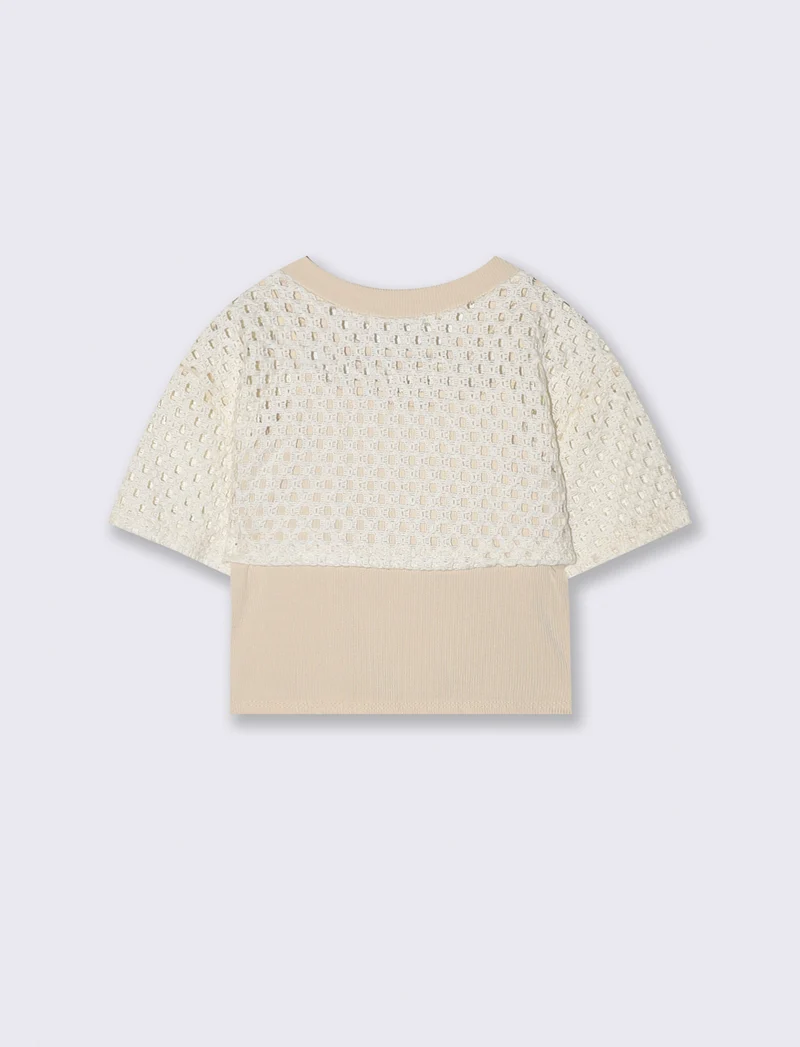 Maglietta crop a rete con canotta spallina - Beige