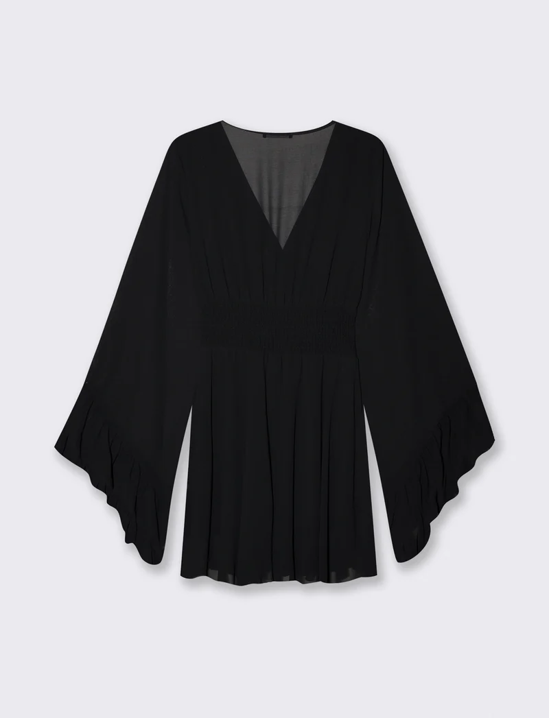 Abito Corto con Scollo a V e Vita Elastico - Nero