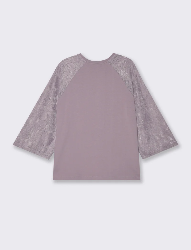 T-shirt manica a tre quarti in pizzo - Viola glicine