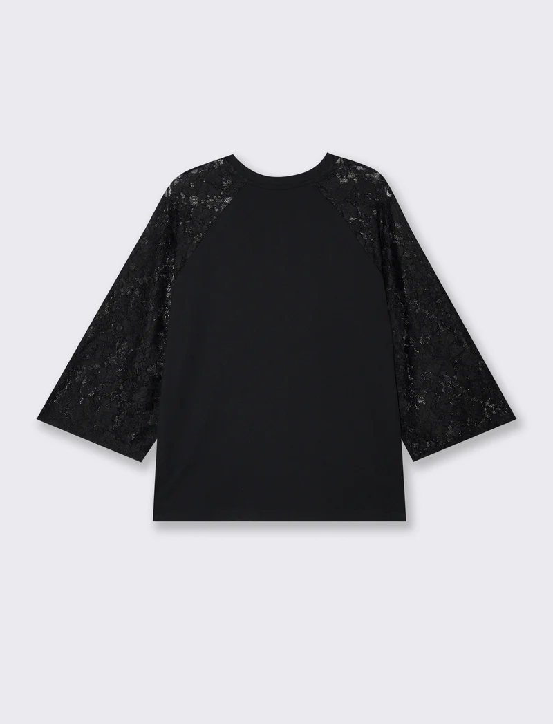 T-shirt manica a tre quarti in pizzo - Nero
