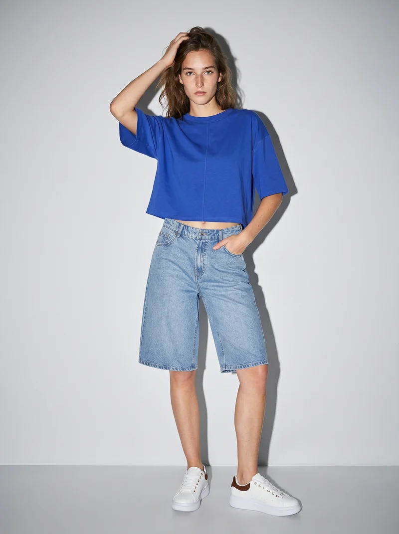 Bermuda denim wide leg vita media - Denim