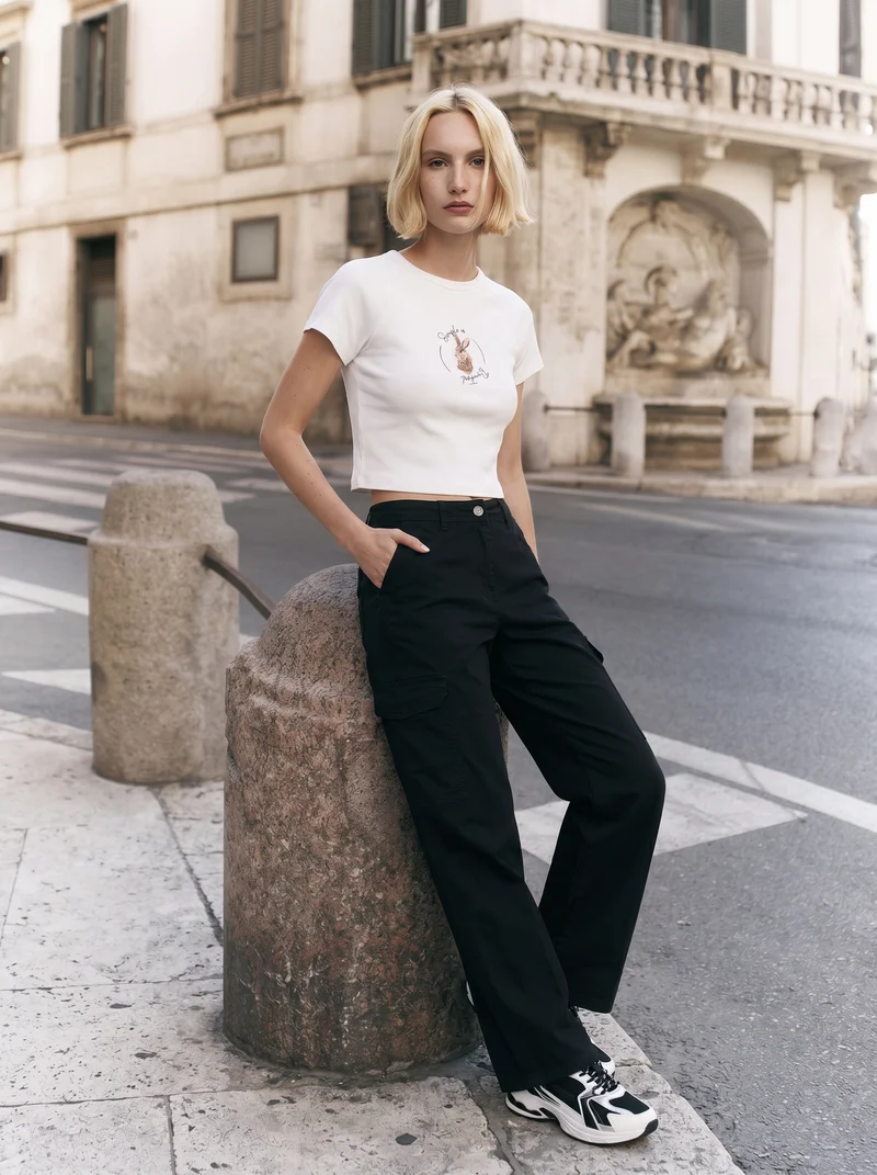 Cargo straight leg high waist con tasche - Nero