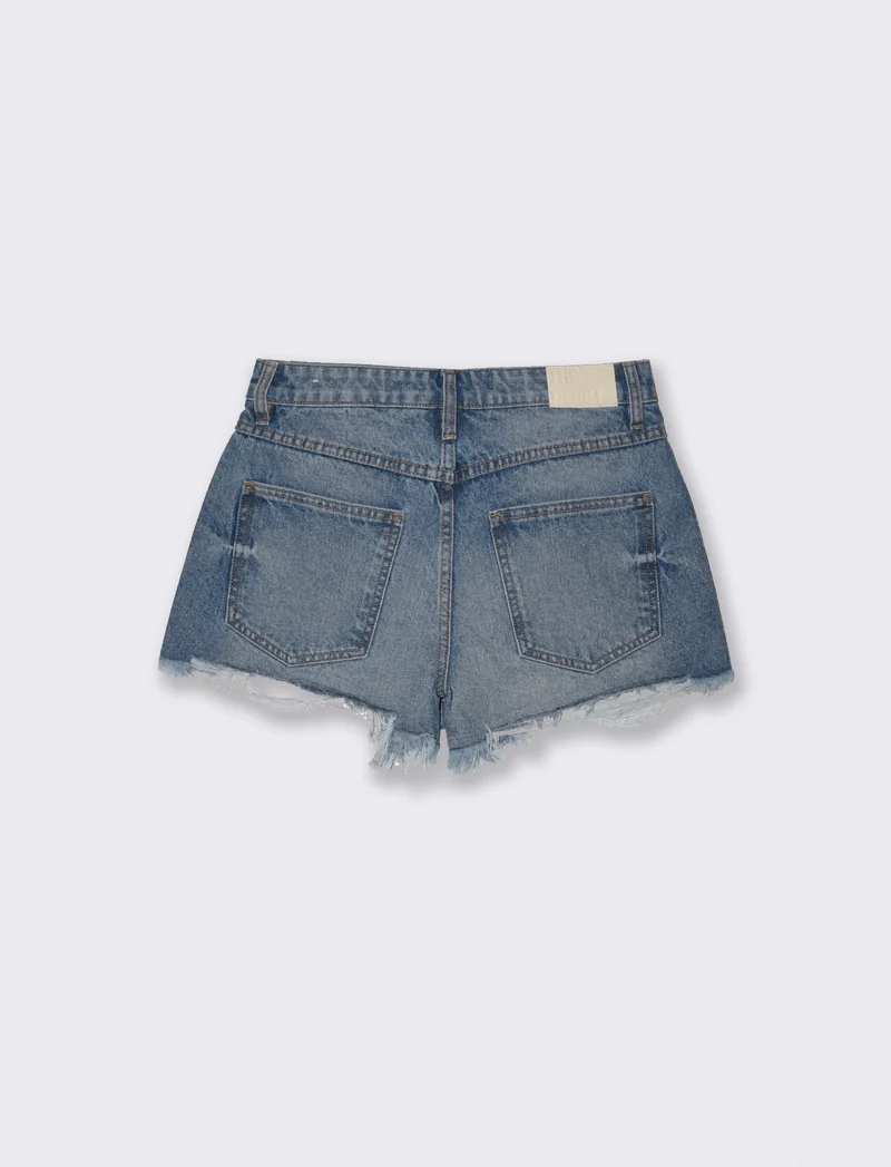 Short in denim a vita alta sfrangiato - Denim