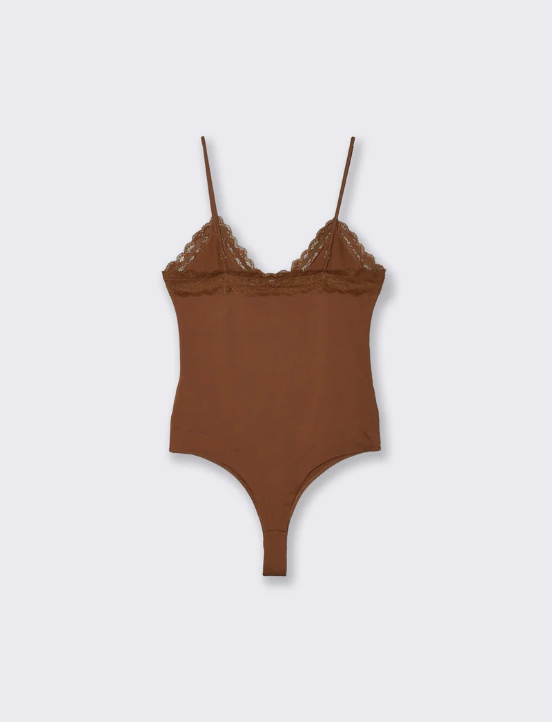 Body a bretelline con pizzo elegante - Marrone tabacco