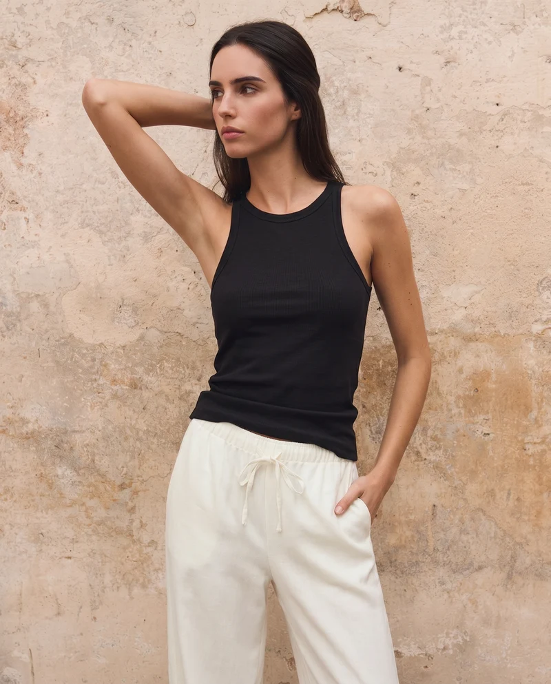 Top Basico a Costine con Bretelle Slim - Nero