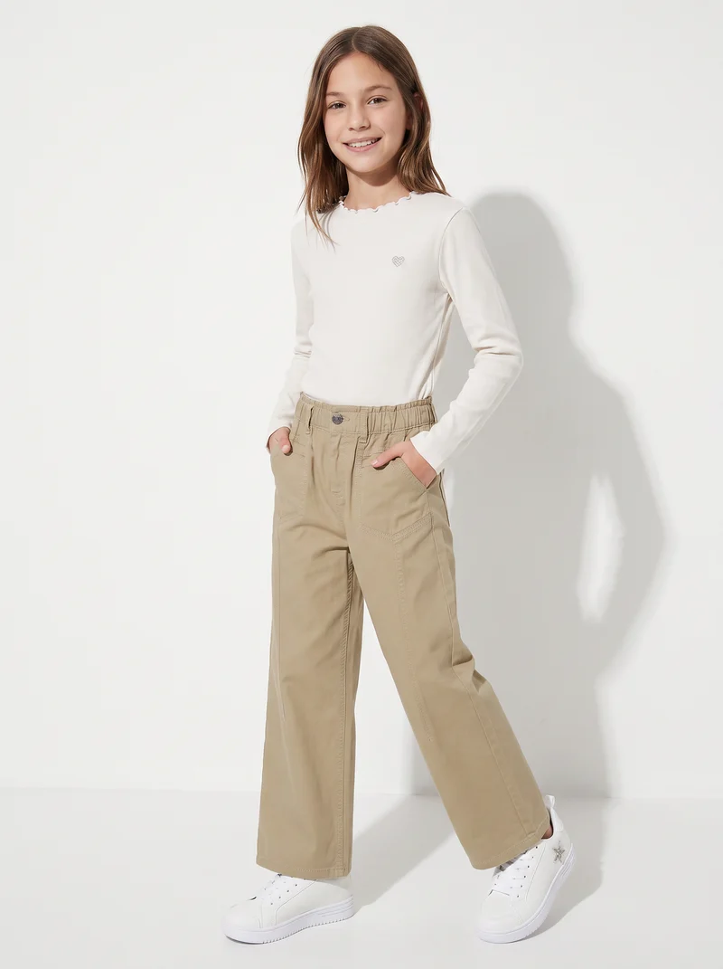 Pantaloni wide in cotone con tasche - Beige