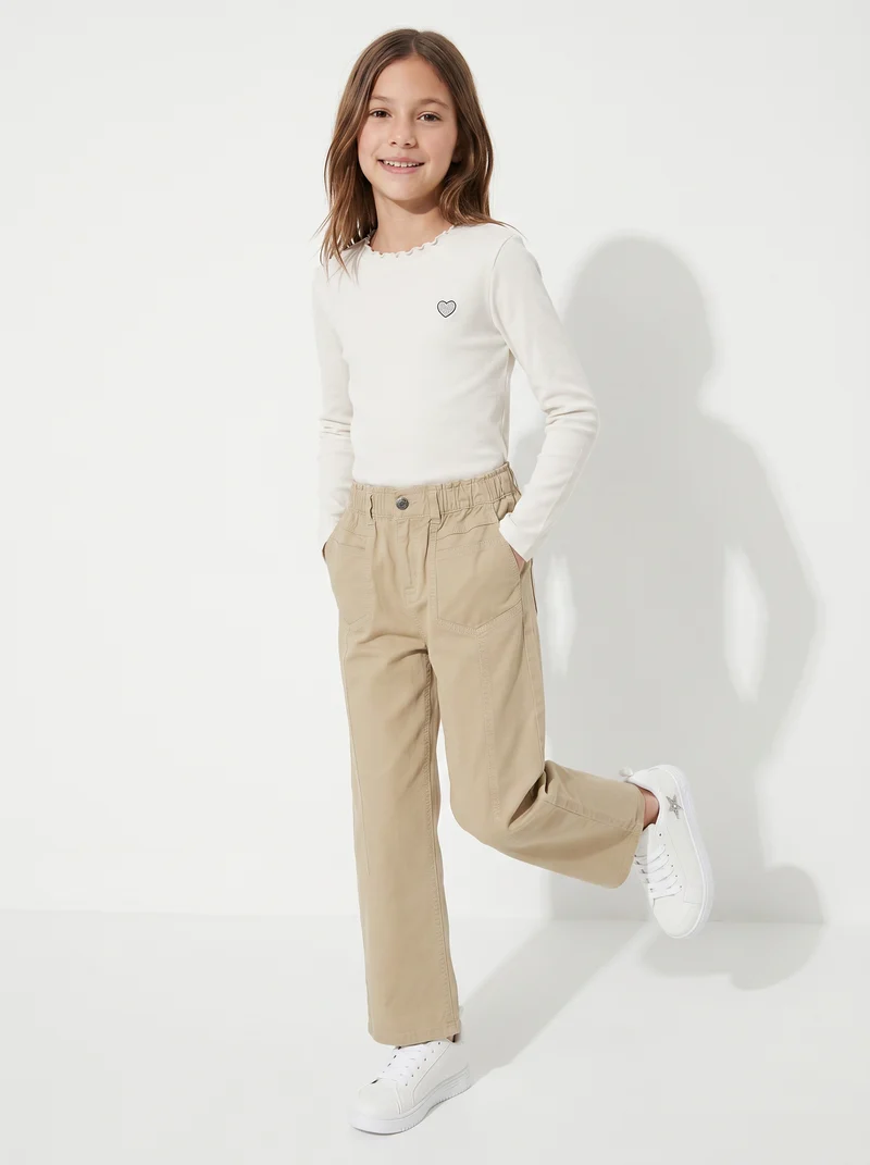 Pantaloni wide in cotone con tasche - Beige