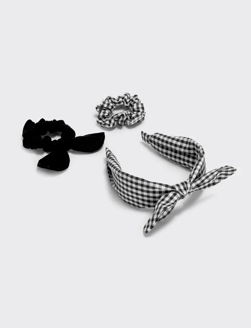 Set cerchietto e elastici vichy - Nero