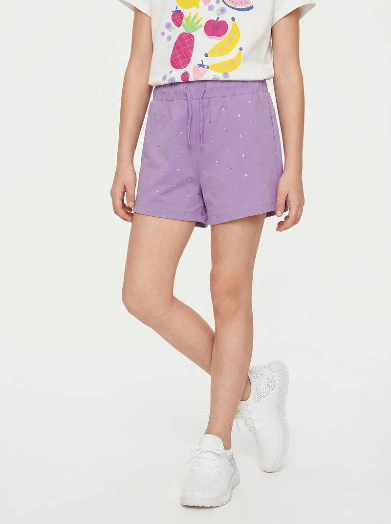 Short in french terry con strass e elastico - Lilla