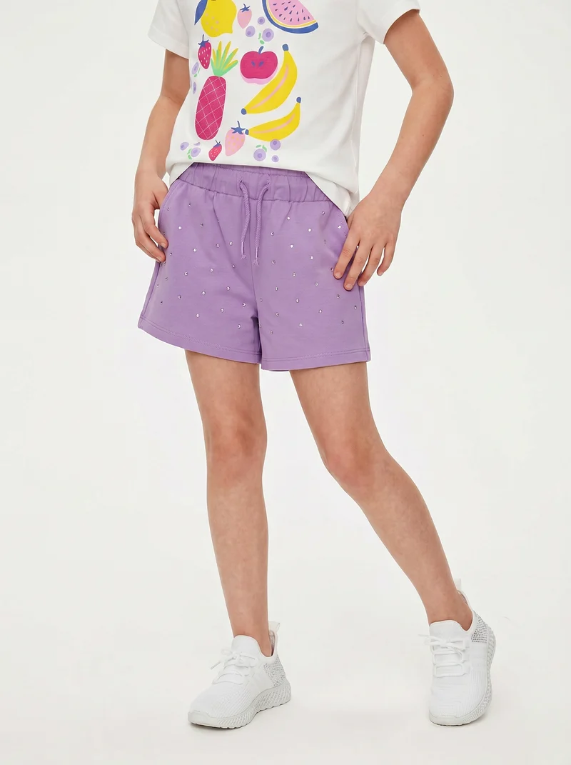 Short in french terry con strass e elastico - Lilla
