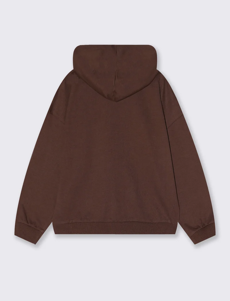 Felpa in cotone con cappuccio e stampa - Marrone cioccolato
