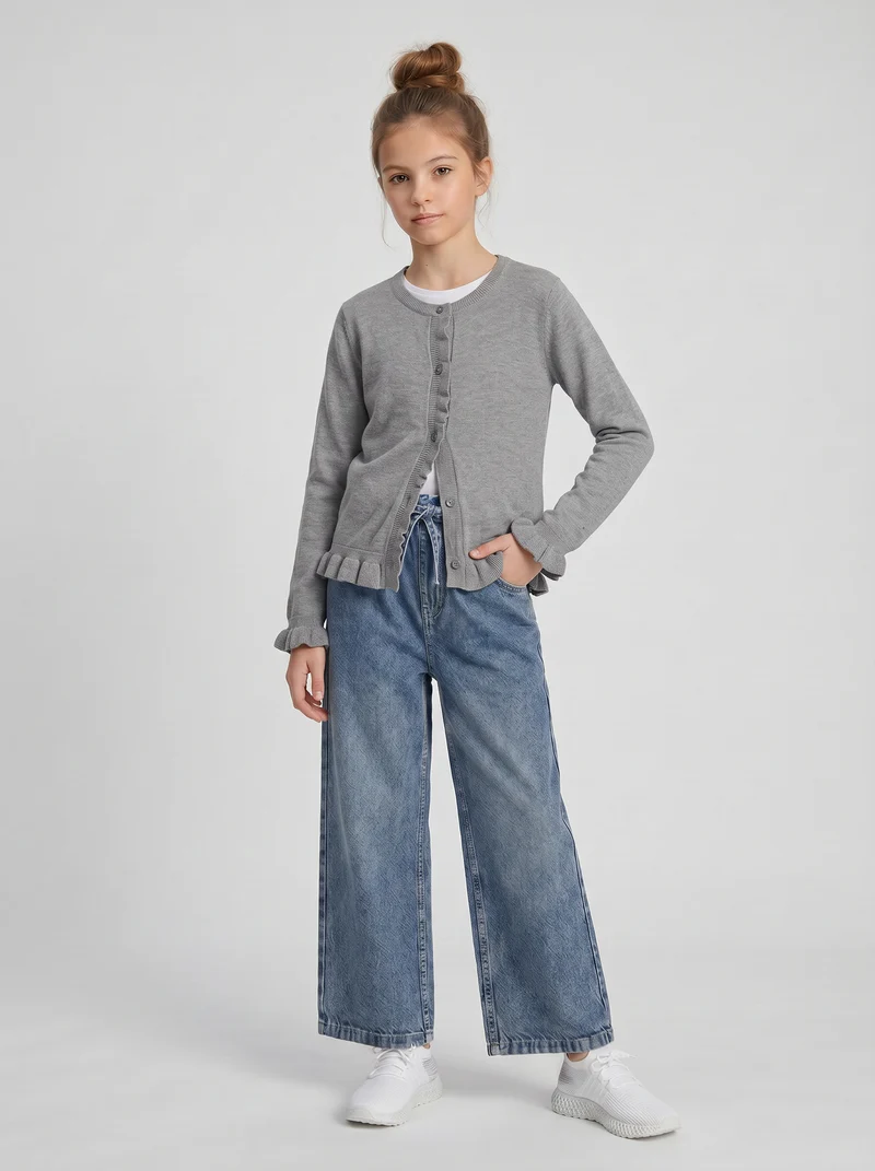 Cardigan da bambina con rouches e slim fit - Grigio mel.