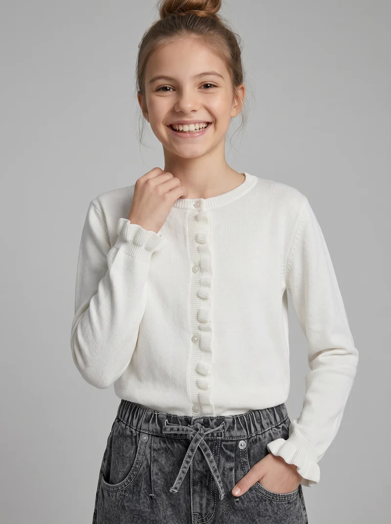 Cardigan da bambina con rouches e slim fit - Bianco latte