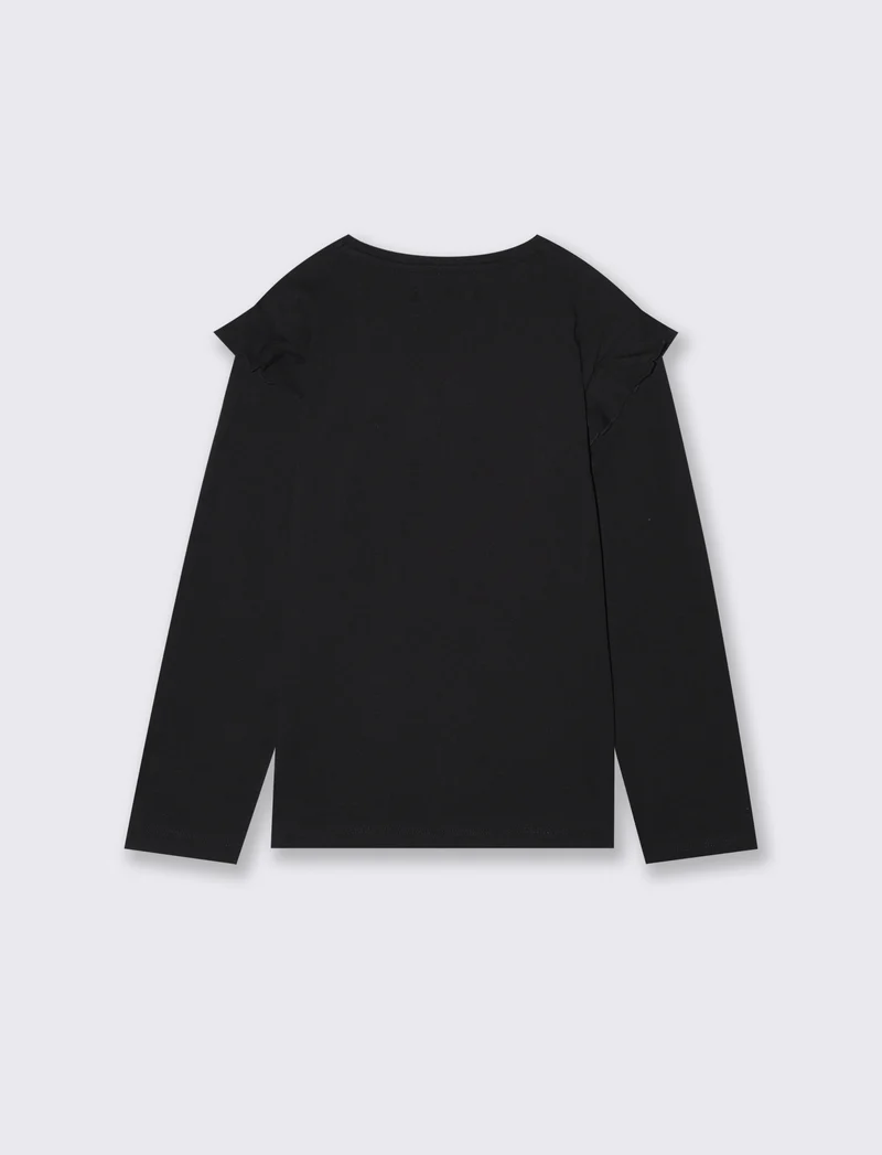 T-shirt lunga con rouches e stampa vivace - Nero
