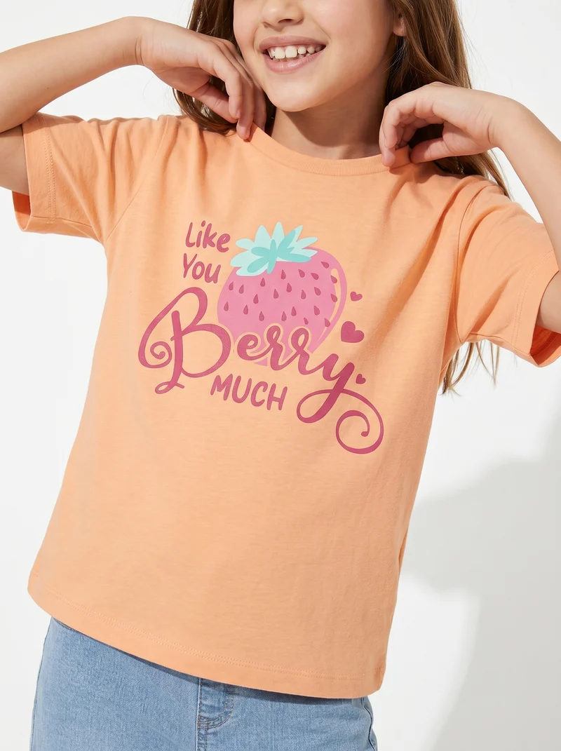 T-shirt bambina con stampa e spacchetti - Pesca