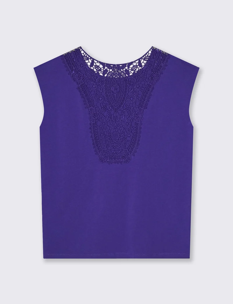T-Shirt in Cotone con Inserto in Crochet - Blu cobalto