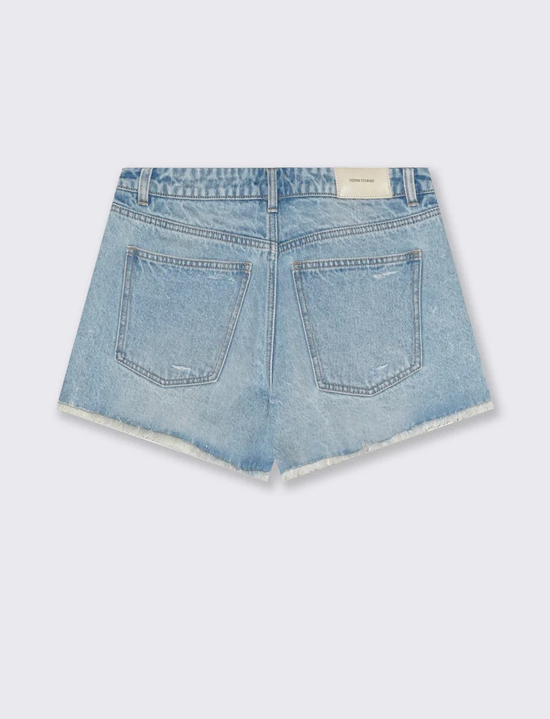Short in denim a vita alta sfrangiato - Denim