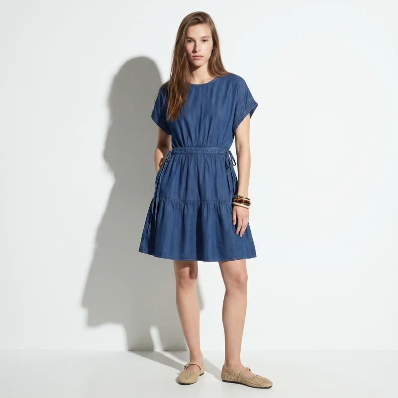 Vestito in Lyocell con coulisse e balza - DENIM SCURO