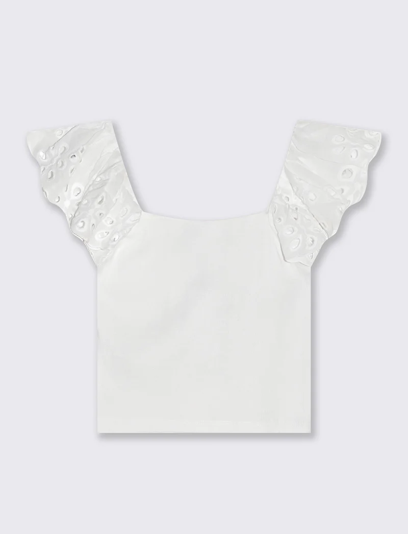 Top con pizzo e scollo quadrato a coste - Bianco